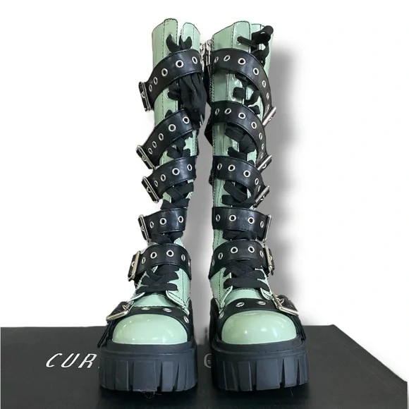 DollsKill | Current Mood Cyber Y2K Goth Grunge Buckle Green Platform Boots - Picture 2 of 10